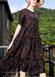 Bohemian Black O-Neck Ruffled Print Silk Maxi Dress Short Sleeve
