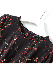Bohemian Black O-Neck Ruffled Print Silk Maxi Dress Short Sleeve