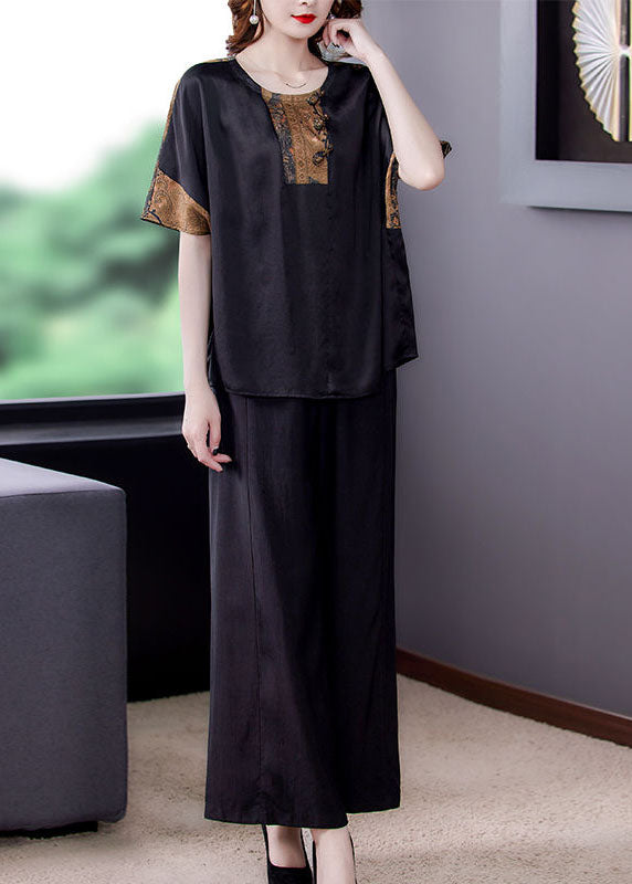 Bohemian Black O-Neck Tops And Pants Silk Two Pieces Set Summer