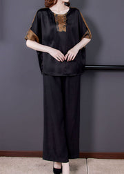 Bohemian Black O-Neck Tops And Pants Silk Two Pieces Set Summer