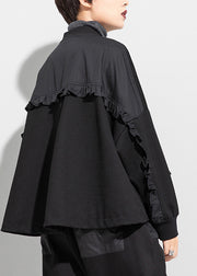 Bohemian Black O-Neck Zip Up Taschen Rüschen Patchwork Cotton Coats Long Sleeve