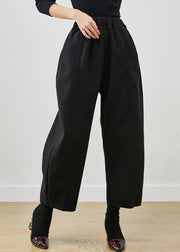 Bohemian Black Oversized Elastic Waist Woolen Crop Pants Spring
