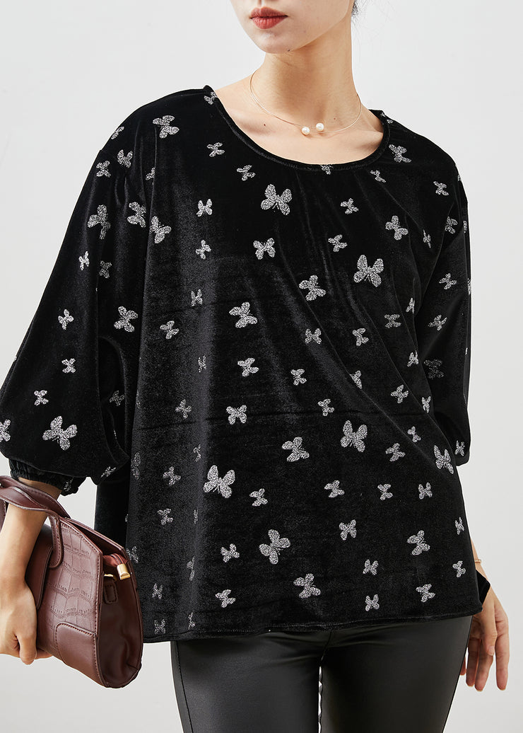 Bohemian Black Oversized Floral Silk Velour Shirts Spring