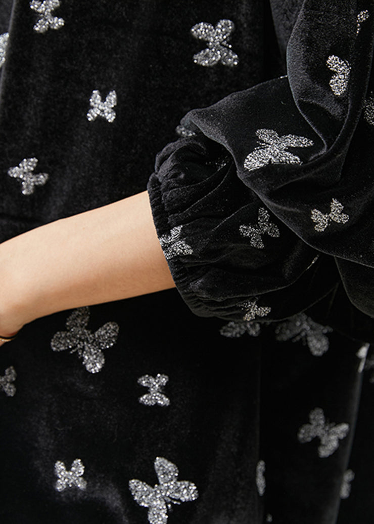Bohemian Black Oversized Floral Silk Velour Shirts Spring