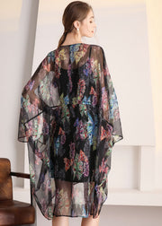 Bohemian Black Oversized Print Hollow Out Tulle Cardigan Summer