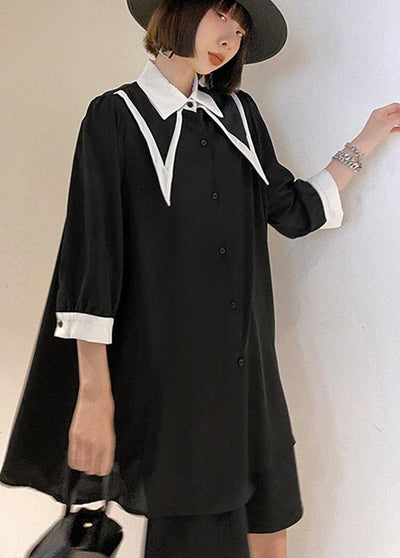 Bohemian Black Patchwork Cotton Button Summer Robe Dresses - SooLinen