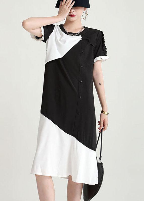 Bohemian Black Patchwork Geometric Summer Dress Short Sleeve - SooLinen
