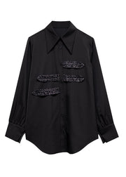 Bohemian Black Peter Pan Collar Button Sequins Cotton Shirt Tops Long Sleeve