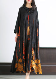 Bohemian Black Peter Pan Collar Print Patchwork Silk Long Dress Summer
