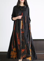 Bohemian Black Peter Pan Collar Print Patchwork Silk Long Dress Summer