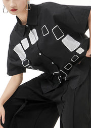 Böhmisches schwarzes Hemd mit Peter-Pan-Kragen und kurzen Ärmeln