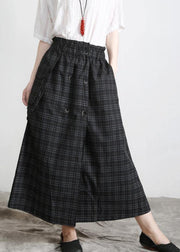Bohemian Black Plaid Button Pockets Summer Cotton Skirts - SooLinen