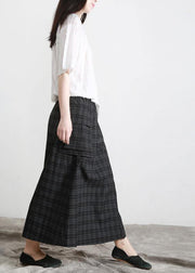 Bohemian Black Plaid Button Pockets Summer Cotton Skirts - SooLinen