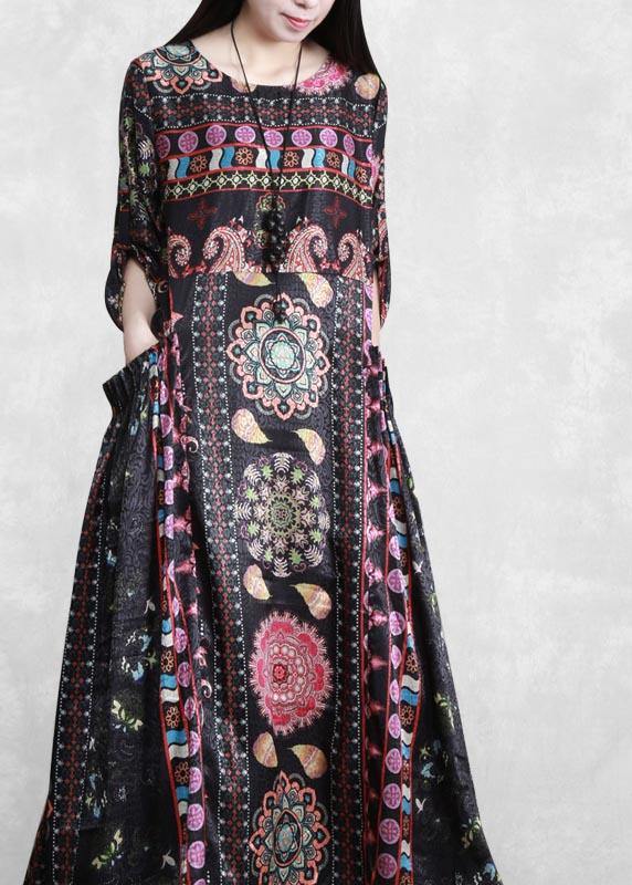 Bohemian Black Print Dress O Neck Pockets Plus Size Dress - SooLinen