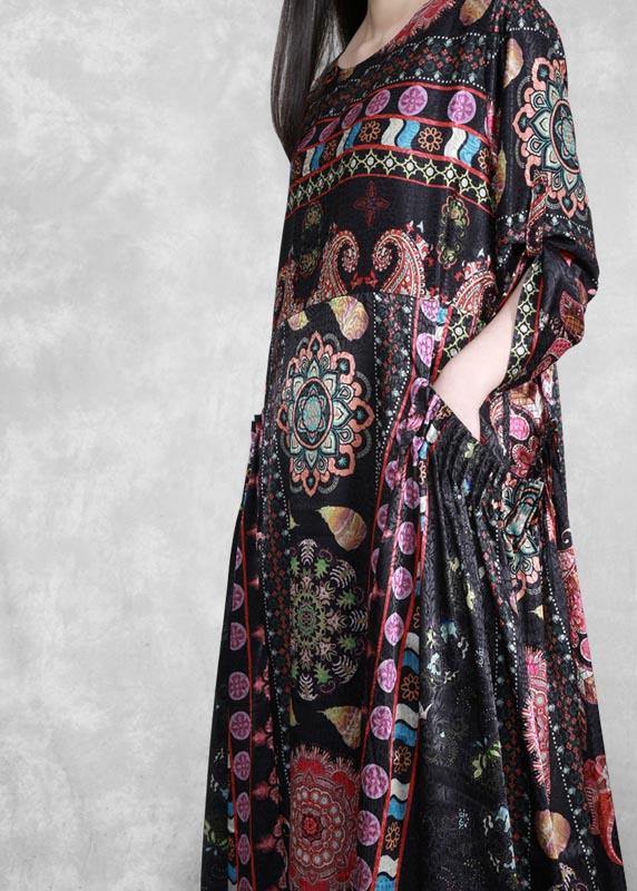 Bohemian Black Print Dress O Neck Pockets Plus Size Dress - SooLinen