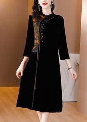 Bohemian Black Print Embroidered Tassel Silk Velour Maxi Dresses Fall