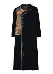 Bohemian Black Print Embroidered Tassel Silk Velour Maxi Dresses Fall