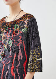 Bohemian Black Print Silk Velour Maxi Dresses Half Sleeve