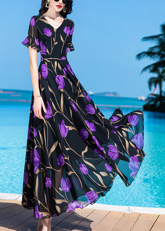 Bohemian Black Print Tunic Silk Maxi Traveling Dress Short Sleeve