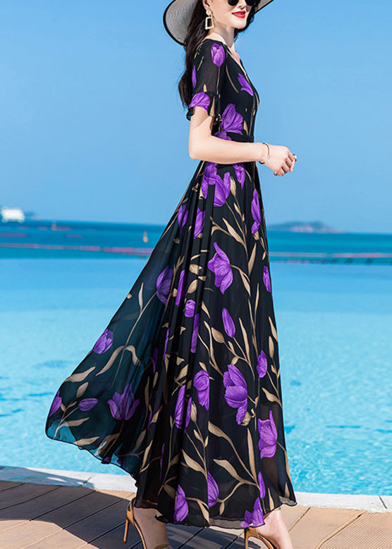Bohemian Black Print Tunic Silk Maxi Traveling Dress Short Sleeve