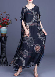 Bohemian Black Print side open Silk Summer Ankle Dress - SooLinen