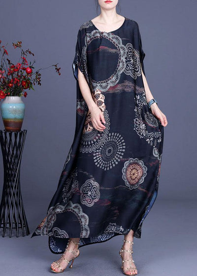 Bohemian Black Print side open Silk Summer Ankle Dress - SooLinen