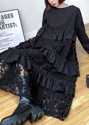 Bohemian Black Ruffles Pockets Patchwork Fall Dresses Long sleeve ...