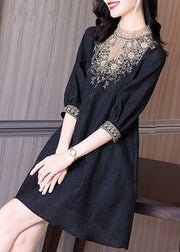 Bohemian Black Stand Collar Lace Patchwork Spandex Mid Dress Half Sleeve