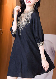 Bohemian Black Stand Collar Lace Patchwork Spandex Mid Dress Half Sleeve