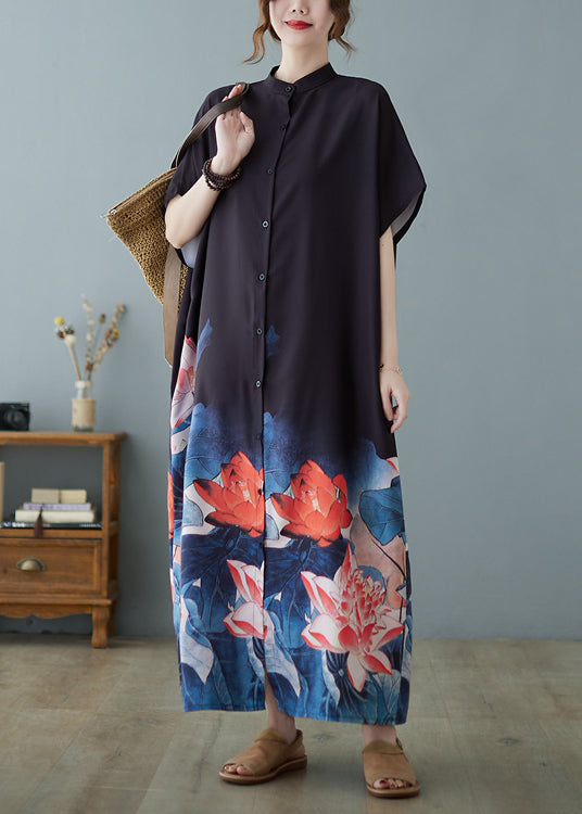 Bohemian Black Stand Collar Oversized Floral Print Chiffon Dress Summer