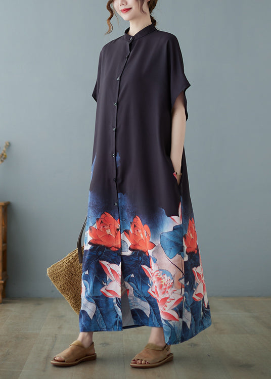 Bohemian Black Stand Collar Oversized Floral Print Chiffon Dress Summer
