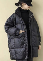 Bohemian Black Stand Collar Oversized Pockets Duck Down Puffers Jackets Winter