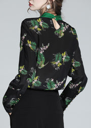 Bohemian Black Stand Collar Print Silk Shirt Spring