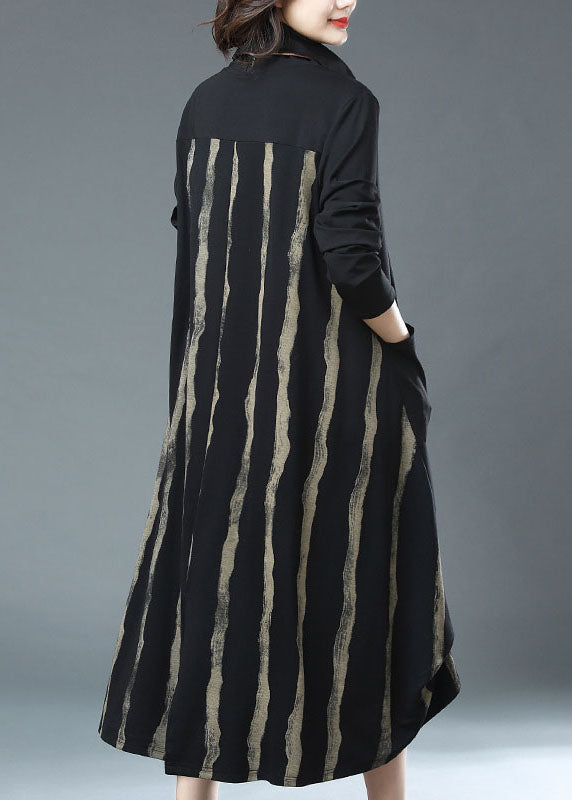 Bohemian Black Striped Pockets Patchwork Cotton Dress Fall