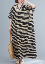 Bohemian Black Striped V Neck pockets Long Dress Short Sleeve