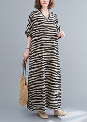 Bohemian Black Striped V Neck pockets Long Dress Short Sleeve