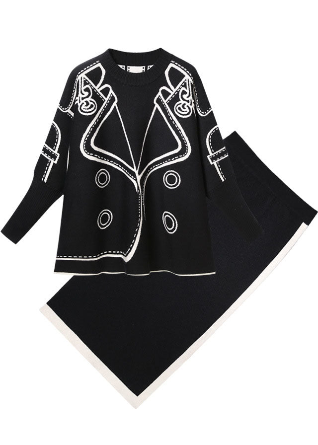 Bohemian Black Tasseled Patchwork Knit Two Pieces Set Winter