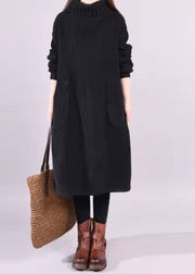 Böhmisches schwarzes Rollkragen-Patchwork-warmes Fleece-Cord-Kleid mit langen Ärmeln