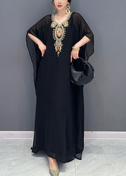 Bohemian Black V Neck Embroidered Patchwork Tulle Maxi Dresses Long Sleeve