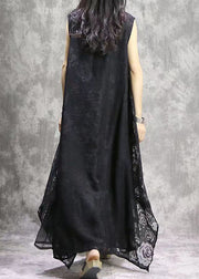 Bohemian Black V Neck Exra Large Hem Silk Beach Dress Sleeveless