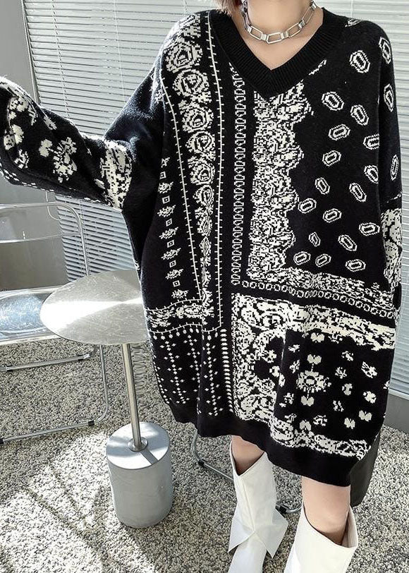 Bohemian Black V Neck Oversized Print Knit Sweater Dress Winter