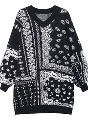 Bohemian Black V Neck Oversized Print Knit Sweater Dress Winter