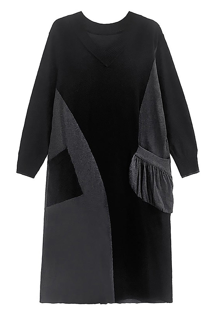 Bohemian Black V Neck Patchwork Cozy Knit Long Sweater Dress Winter