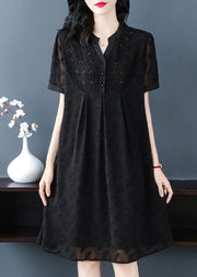 Bohemian Black V Neck Wrinkled Patchwork Jacquard Chiffon Holiday Dress Short Sleeve