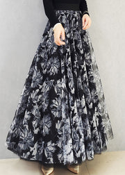 Bohemian Black White Floral High Waist Print Draping Tulle Maxi Skirt Spring