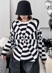 Bohemian Black White O-Neck Original Design Print Knit Sweater Winter