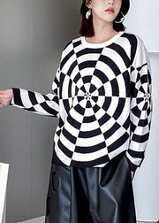 Bohemian Black White O-Neck Original Design Print Knit Sweater Winter