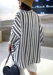 Bohemian Black White Striped Pockets Button Shirt Tops Summer - SooLinen