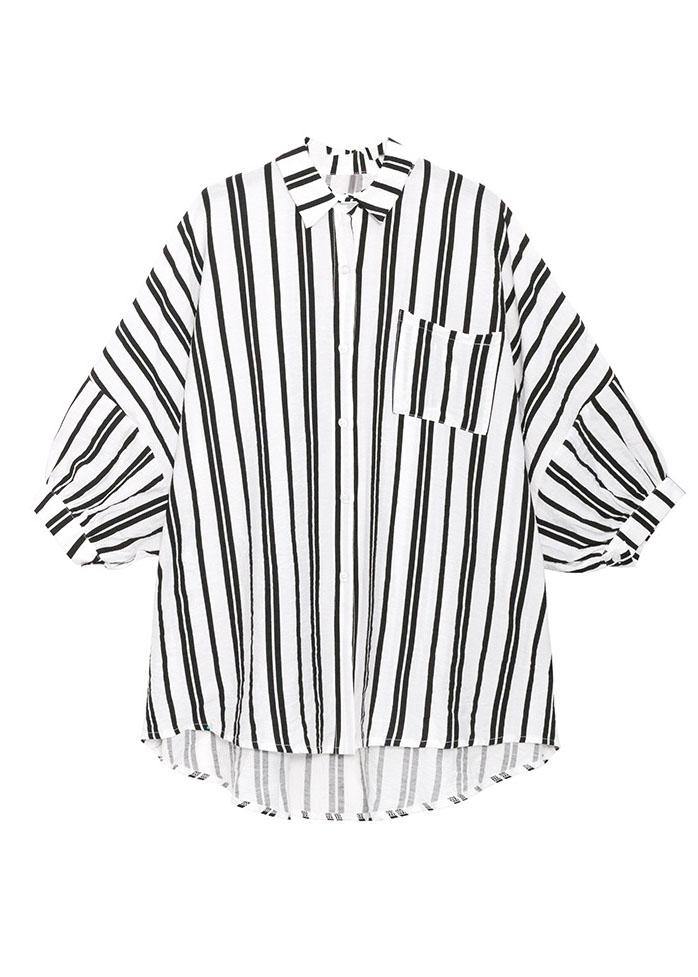 Bohemian Black White Striped Pockets Button Shirt Tops Summer - SooLinen