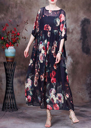 Bohemian Black Wrinkled Print Chiffon Long Dress And Dress Spaghetti Strap Two Piece Suit Set Summer
